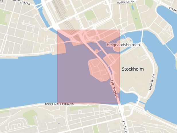 Karta som med röd fyrkant ramar in Centralbron, Södermalm, Stockholm, Stockholms län