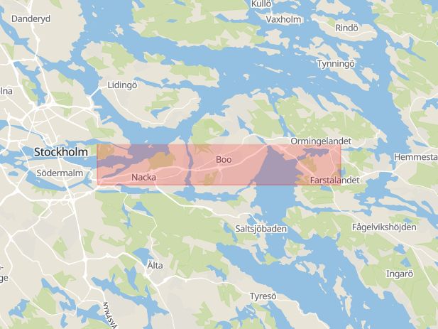 Karta som med röd fyrkant ramar in Värmdöleden, Trafikplats Lugnet, Södra Länken, Nacka, Stockholms län