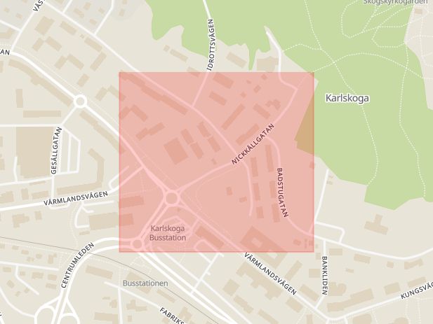 Karta som med röd fyrkant ramar in Nickkällgatan, Karlskoga, Örebro län