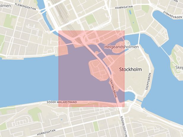 Karta som med röd fyrkant ramar in Centralbron, Stockholm, Stockholms län