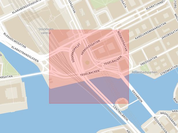 Karta som med röd fyrkant ramar in Tegelbacken, Stockholm, Stockholms län