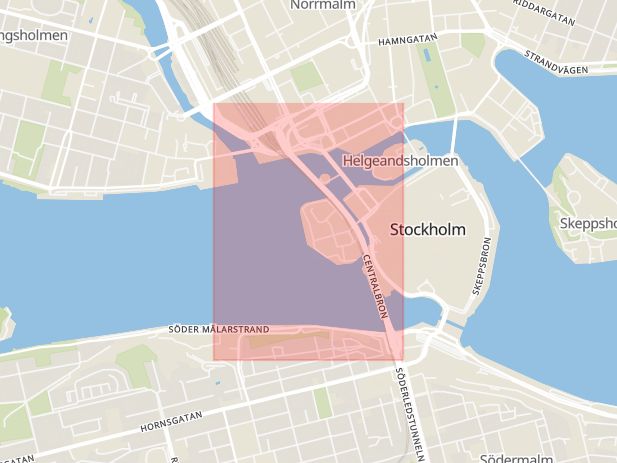 Karta som med röd fyrkant ramar in Centralbron, Riddarholmen, Kungsholmen, Stockholm, Stockholms län