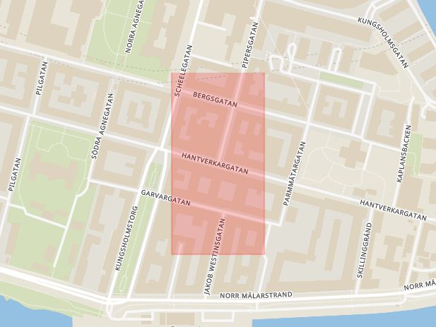 Karta som med röd fyrkant ramar in Kungsholmen, Pipersgatan, Hantverkargatan, Stockholm, Stockholms län