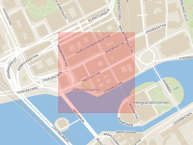 Karta som med röd fyrkant ramar in Fredsgatan, Stockholm, Stockholms län