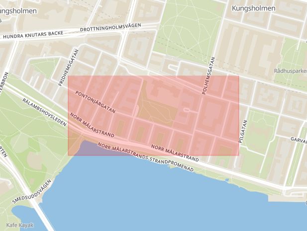 Karta som med röd fyrkant ramar in Kungsholmen, Pontonjärgatan, Stockholm, Stockholms län