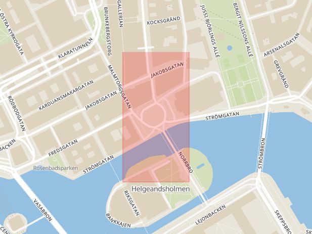 Karta som med röd fyrkant ramar in Gustav Adolfs Torg, Stockholm, Stockholms län