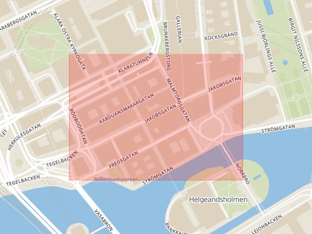 Karta som med röd fyrkant ramar in Jakobsgatan, Stockholm, Stockholms län