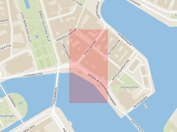 Karta som med röd fyrkant ramar in Grand, Gustav Adolfs Torg, Stockholm, Stockholms län