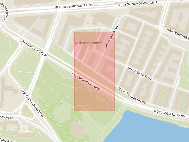Karta som med röd fyrkant ramar in Norr Mälarstrand, Fridhemsgatan, Stockholm, Stockholms län