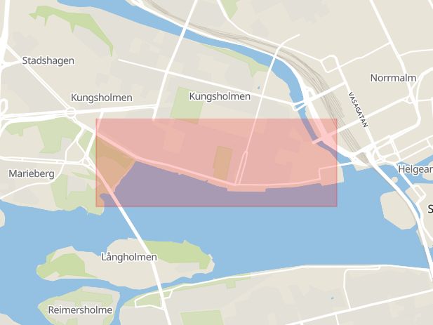Karta som med röd fyrkant ramar in Stadshagen, Kungsholmen, Norr Mälarstrand, Stockholm, Stockholms län