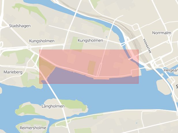 Karta som med röd fyrkant ramar in Kungsholmen, Stureplan, Alvik, Norr Mälarstrand, Stockholm, Stockholms län