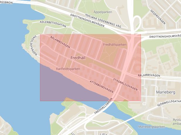 Karta som med röd fyrkant ramar in Fredhäll, Stagneliusvägen, Södermalm, Stockholm, Stockholms län