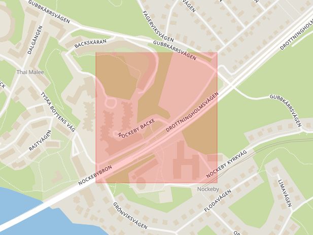 Karta som med röd fyrkant ramar in Nockebyhov, Nockeby Backe, Stockholm, Stockholms län