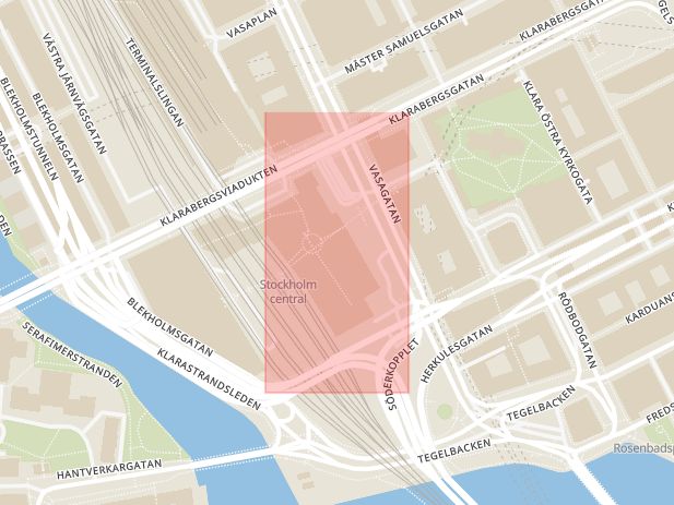 Karta som med röd fyrkant ramar in Norrmalm, Stockholm Central, Stockholm, Stockholms län