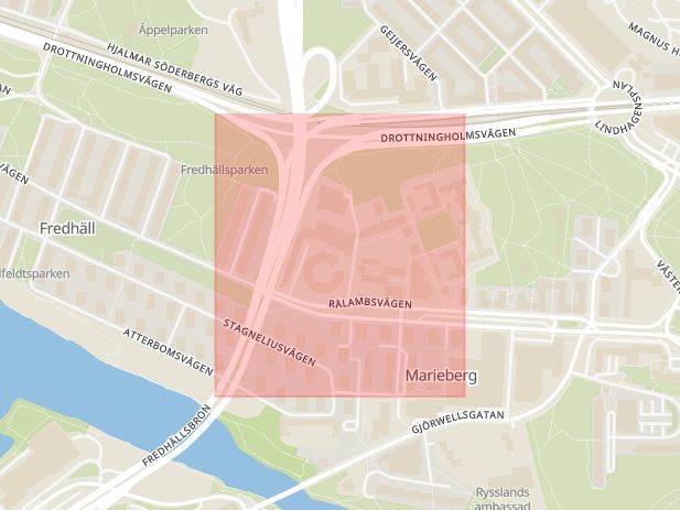 Karta som med röd fyrkant ramar in Fredhäll, Fredhällstunneln, Stockholm, Stockholms län