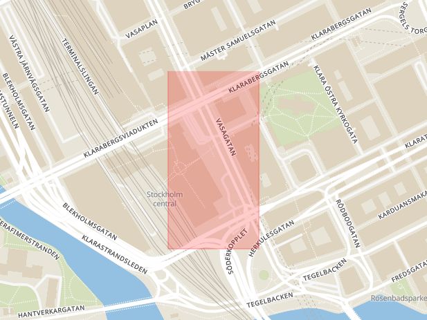 Karta som visar ungefär var händelsen Efterlyst person: I centrala Stockholm berättade en kvinna för en ordningsvakt att hon var efterlyst. inträffat