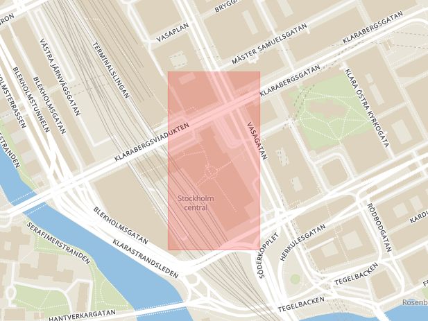 Karta som med röd fyrkant ramar in Norrmalm, Blommor, Stockholm, Stockholms län