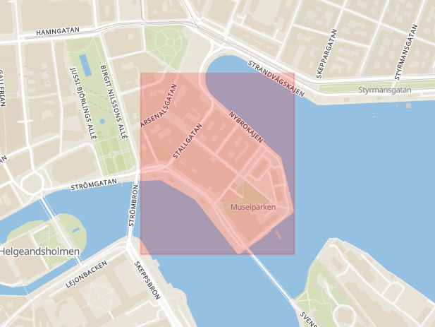 Karta som med röd fyrkant ramar in Blasieholmen, Stockholm, Stockholms län