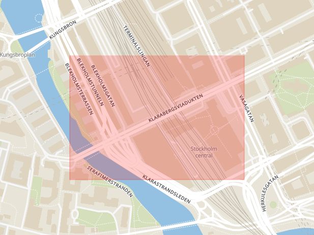 Karta som med röd fyrkant ramar in Norrmalm, Klarabergsviadukten, Stockholm, Stockholms län