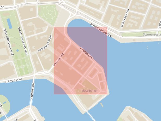 Karta som med röd fyrkant ramar in Norrmalm, Nybrokajen, Stockholm, Stockholms län