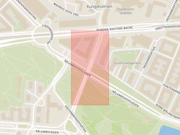 Karta som med röd fyrkant ramar in Lilla Västerbron, Stockholm, Stockholms län