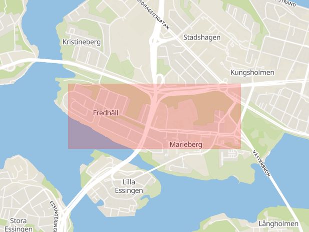 Karta som med röd fyrkant ramar in Kungsholmen, Gångvägen, Norr Mälarstrand, Rålambsvägen, Stockholm, Stockholms län