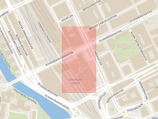 Karta som med röd fyrkant ramar in Vasagatan, Centralplan, Stockholm, Stockholms län