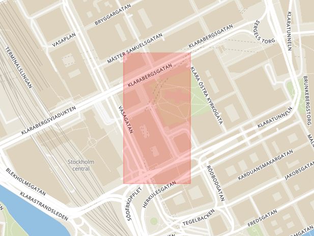Karta som med röd fyrkant ramar in Norrmalm, Klara Västra Kyrkogata, Stockholm, Stockholms län