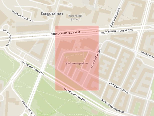Karta som med röd fyrkant ramar in Sysslomansgatan, Stockholm, Stockholms län
