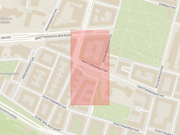 Karta som med röd fyrkant ramar in Kronobergsgatan, Hantverkargatan, Kungsholmen, Stockholm, Stockholms län