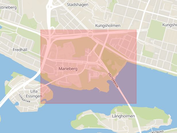 Karta som med röd fyrkant ramar in Marieberg, Västerbronedfarten, Stockholm, Stockholms län