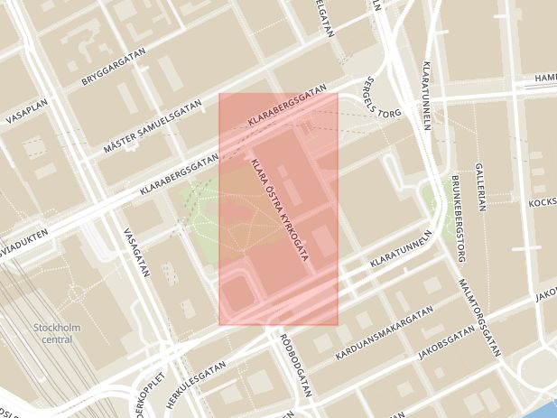 Karta som med röd fyrkant ramar in Norrmalm, Klara Östra Kyrkogata, Stockholm, Stockholms län