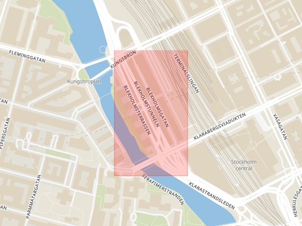 Karta som med röd fyrkant ramar in Blekholmstunneln, Stockholm, Stockholms län
