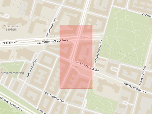 Karta som med röd fyrkant ramar in Fleminggatan, Kungsholmen, Sankt Eriksgatan, Stockholm, Stockholms län