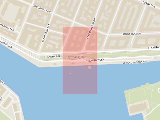 Karta som med röd fyrkant ramar in Strandvägen, Styrmansgatan, Stockholm, Stockholms län