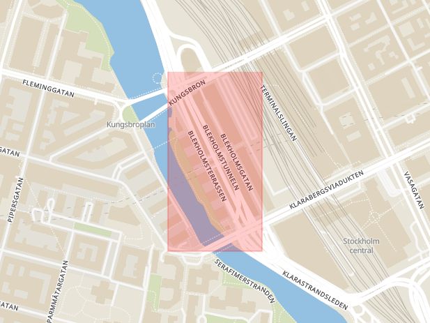 Karta som med röd fyrkant ramar in Blekholmstunneln, Tegelbacken, Stockholm, Stockholms län