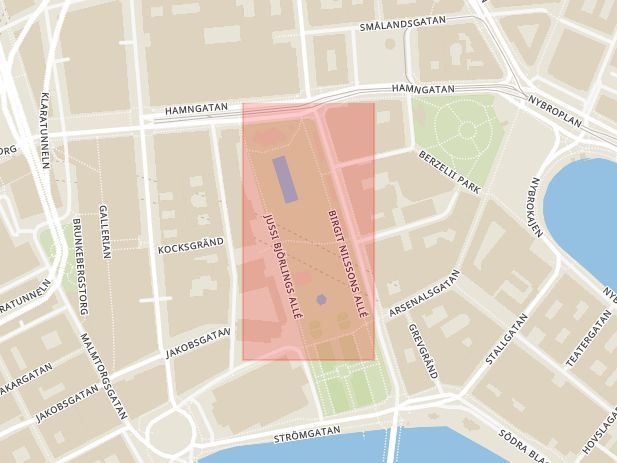 Karta som med röd fyrkant ramar in Kungsträdgården, Klubben, Stockholm, Stockholms län
