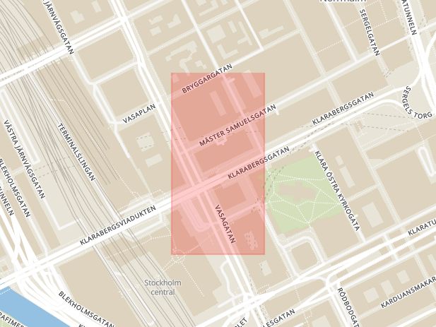 Karta som med röd fyrkant ramar in Klarabergsgatan, Norrmalm, Apotek, Stockholm, Stockholms län