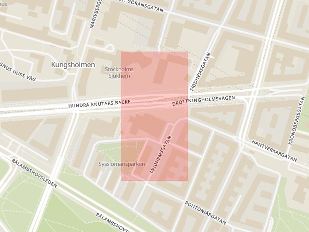 Karta som med röd fyrkant ramar in Kungsholmen, Stadshagen, Fridhemsplan, Stockholm, Stockholms län