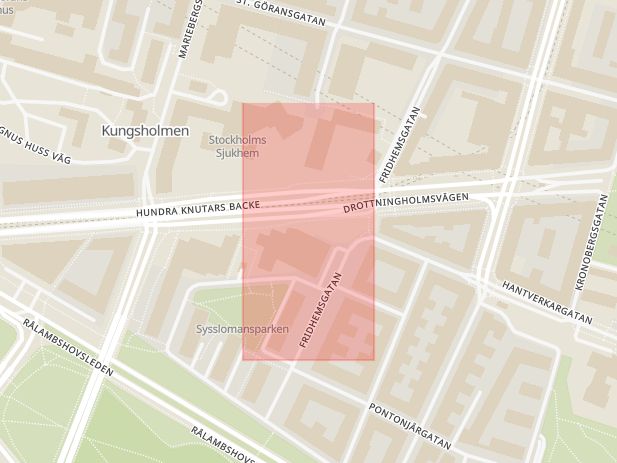 Karta som med röd fyrkant ramar in Marieberg, Fridhemsplan, Stockholm, Stockholms län