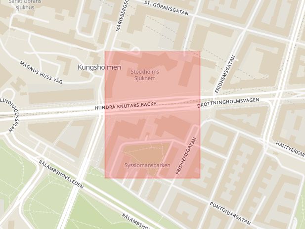 Karta som med röd fyrkant ramar in Kungsholmen, Fridhemsplan, Stockholm, Stockholms län