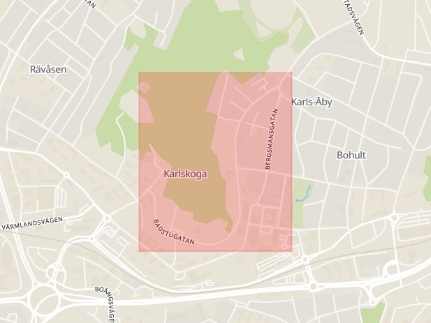 Karta som med röd fyrkant ramar in Bohult, Kulan, Badstugatan, Karlskoga, Örebro län