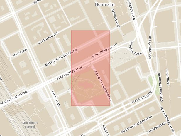 Karta som med röd fyrkant ramar in Klarabergsgatan, Kaffe, Stockholm, Stockholms län