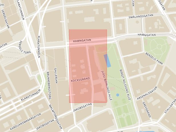 Karta som med röd fyrkant ramar in Trädgårdsgatan, Mora, Stockholms län