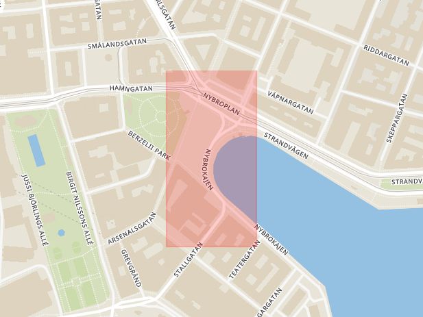 Karta som med röd fyrkant ramar in Nybrohamnen, Norrmalm, Stockholm, Stockholms län