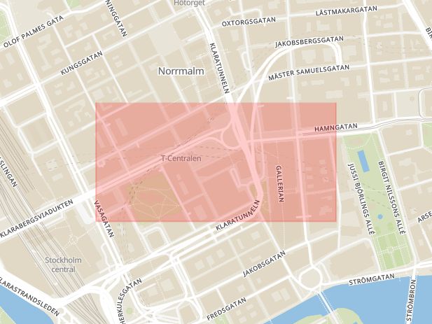Karta som med röd fyrkant ramar in Klarabergsgatan, Stockholms län