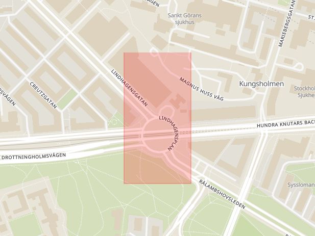 Karta som med röd fyrkant ramar in Lindhagensgatan, Lindhagensplan, Stockholm, Stockholms län