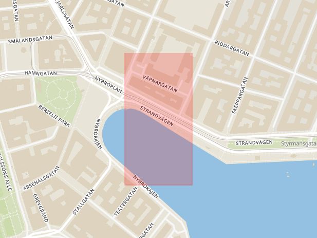 Karta som med röd fyrkant ramar in Strandvägskajen, Stockholm, Stockholms län