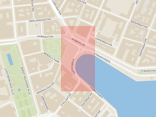 Karta som med röd fyrkant ramar in Östermalm, Nybrohamnen, Stockholm, Stockholms län