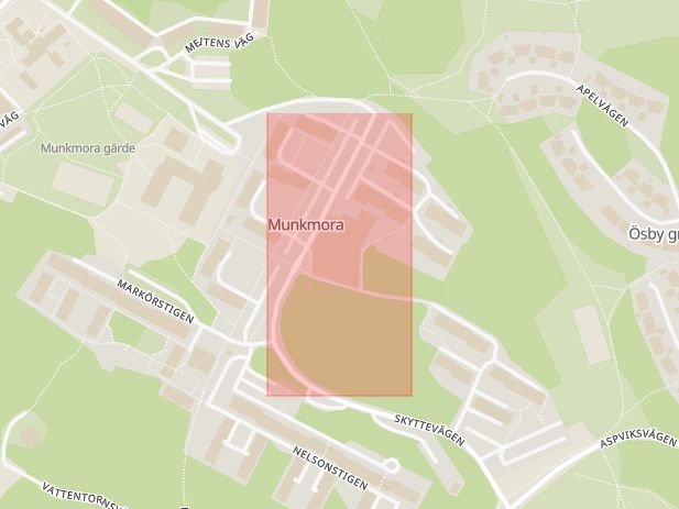 Karta som med röd fyrkant ramar in Munkmora, Skyttevägen, Värmdö, Stockholms län